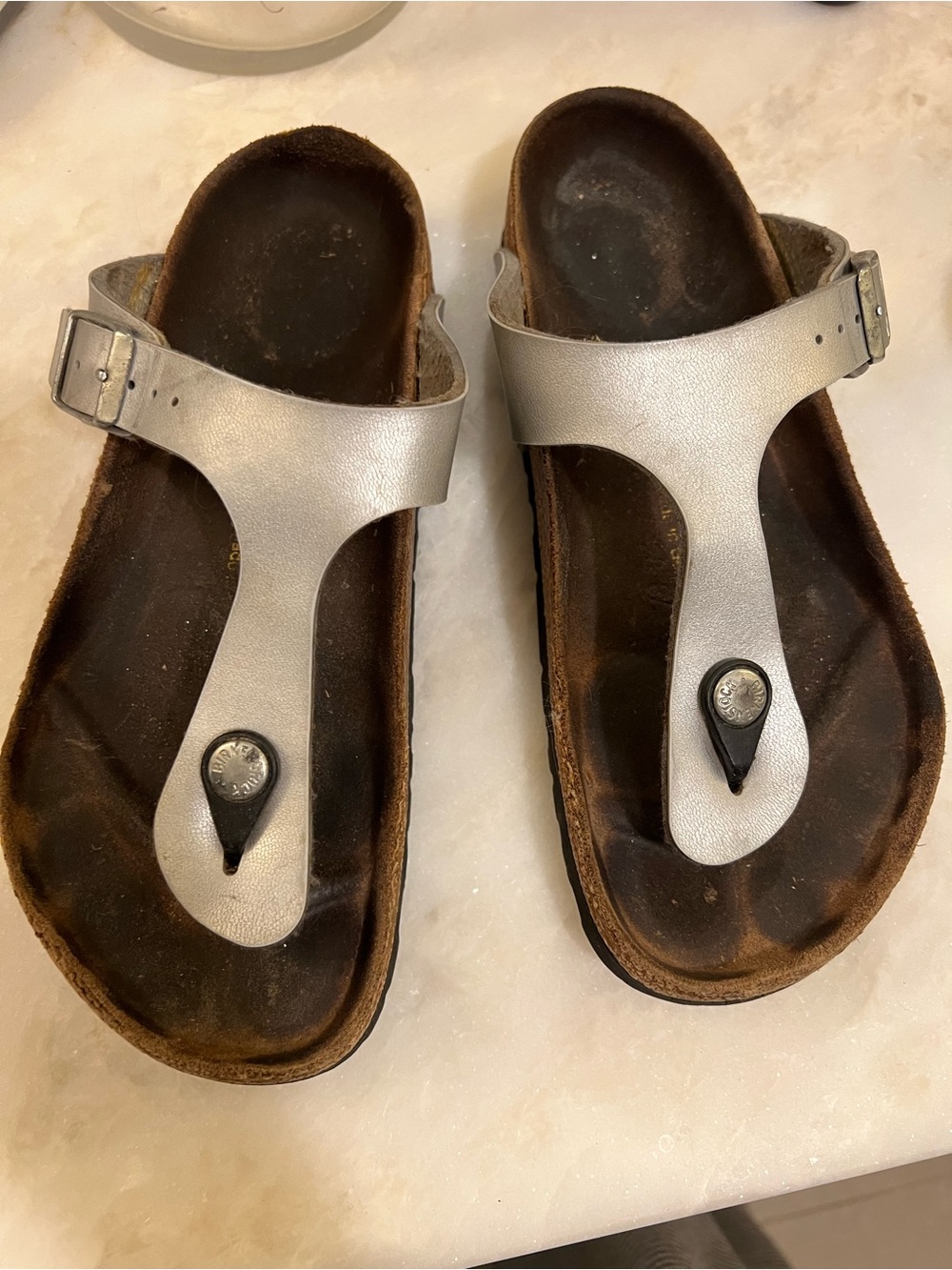 Birkenstock Silver T-Strap Sandals - Picture 7 of 9